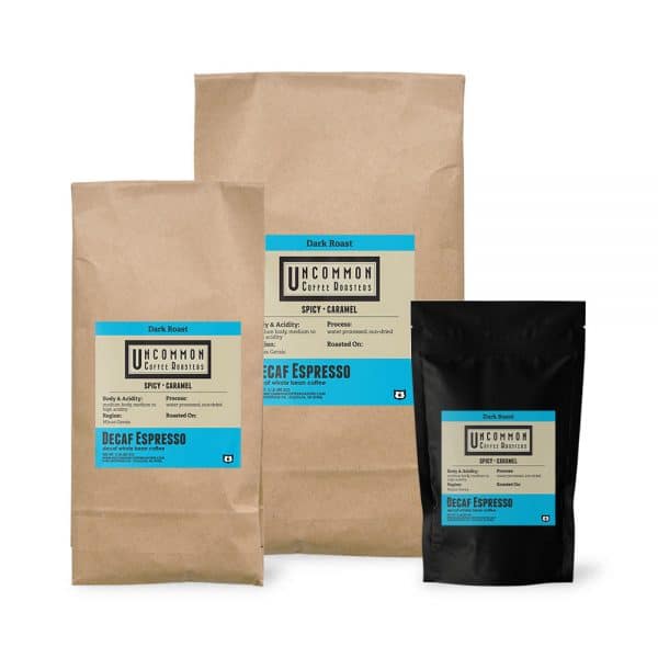 Decaf Espresso coffee bags in 12 oz., 2 lbs. and 5 lbs.