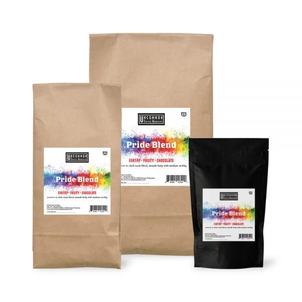 Pride Blend coffee bags in 12 oz., 2 lbs. and 5 lbs.