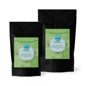 Bags of Peach Oasis green tea in 50g and 100g
